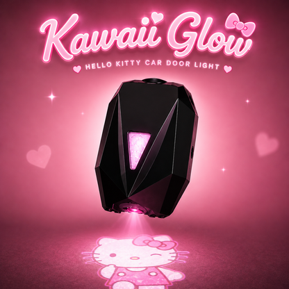 A black faceted Hello Kitty car door light projector casting a pink Hello Kitty projection on a dark surface, with pink heart-shaped bokeh and the text 'Kawaii Glow' and 'HELLO KITTY CAR DOOR LIGHT' on a pink background.
