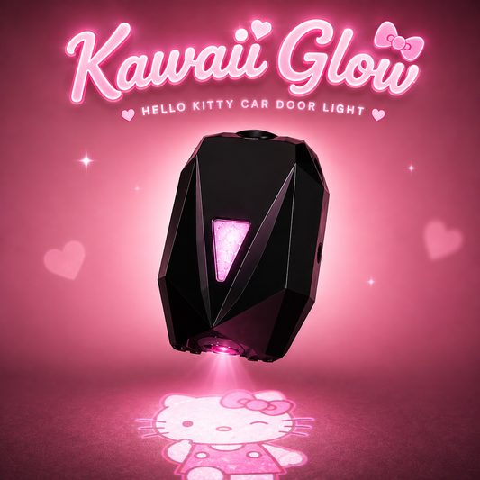 A black faceted Hello Kitty car door light projector casting a pink Hello Kitty projection on a dark surface, with pink heart-shaped bokeh and the text 'Kawaii Glow' and 'HELLO KITTY CAR DOOR LIGHT' on a pink background.